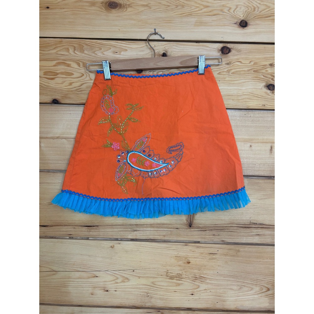 Haven Girl Girls Orange Paisley Embroidered Beaded Ruffle Mini‎ Skirt Size M 10